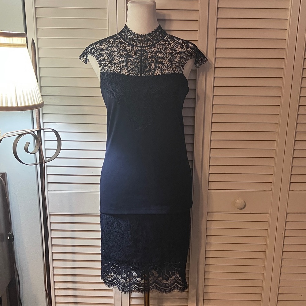 Morgan de Toi Navy Lace Midi skirt and top